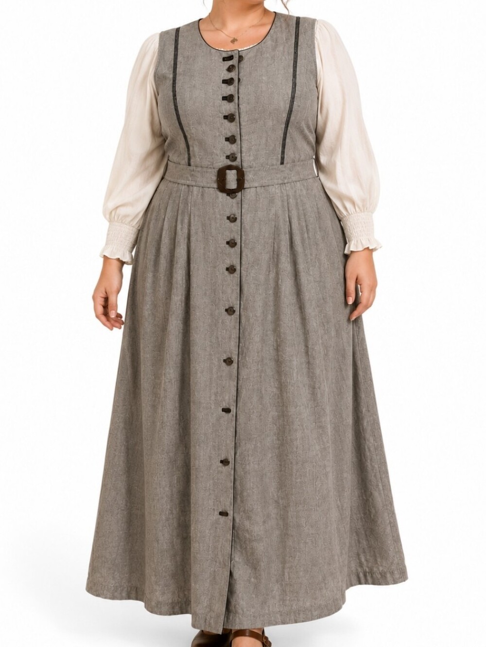 Alpine Dirndl Style Dress Trachtenmoden Alpenträum Gray Button Front Belted S22